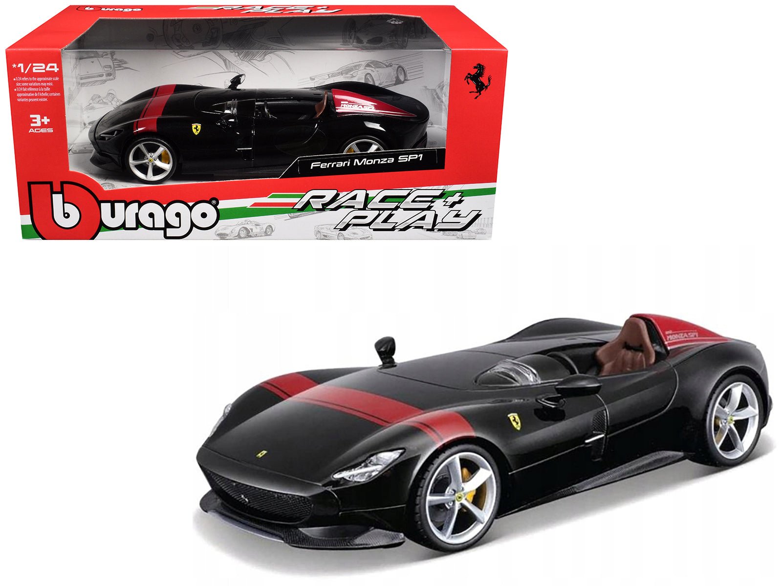 Ferrari Monza SP1 Black Metallic with Red Stripes "Race & Play" Series 1/24 Diecast Model Car by Bburago free shipping USA - Rapid Vehicles