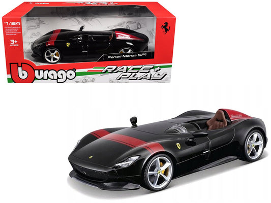 Ferrari Monza SP1 Black Metallic with Red Stripes "Race & Play" Series 1/24 Diecast Model Car by Bburago free shipping USA - Rapid Vehicles