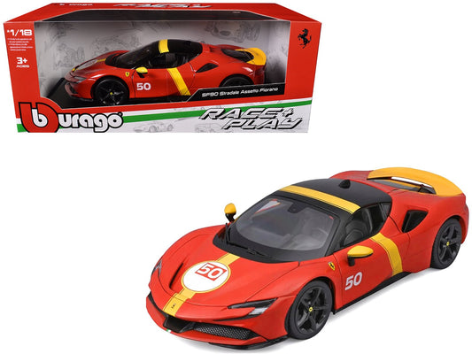 Ferrari SF90 Stradale Assetto Fiorano 50 Red with Black Top and Yellow Stripes "Race + Play" Series 1/18 Diecast Model Car by Bburago free shipping USA - Rapid Vehicles