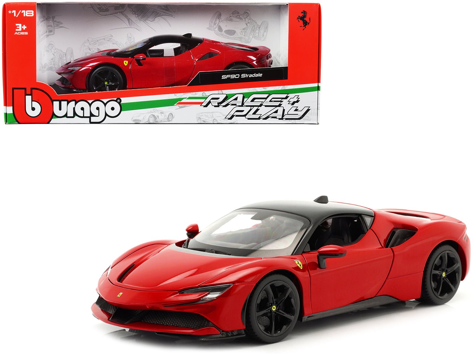 Ferrari SF90 Stradale Red with Black Top "Race + Play" Series 1/18 Diecast Model Car by Bburago free shipping USA - Rapid Vehicles