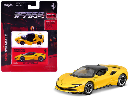 Ferrari SF90 Stradale Yellow with Black Top "Speed Icons" Series 1/64 Diecast Model Car by Maisto free shipping USA - Rapid Vehicles