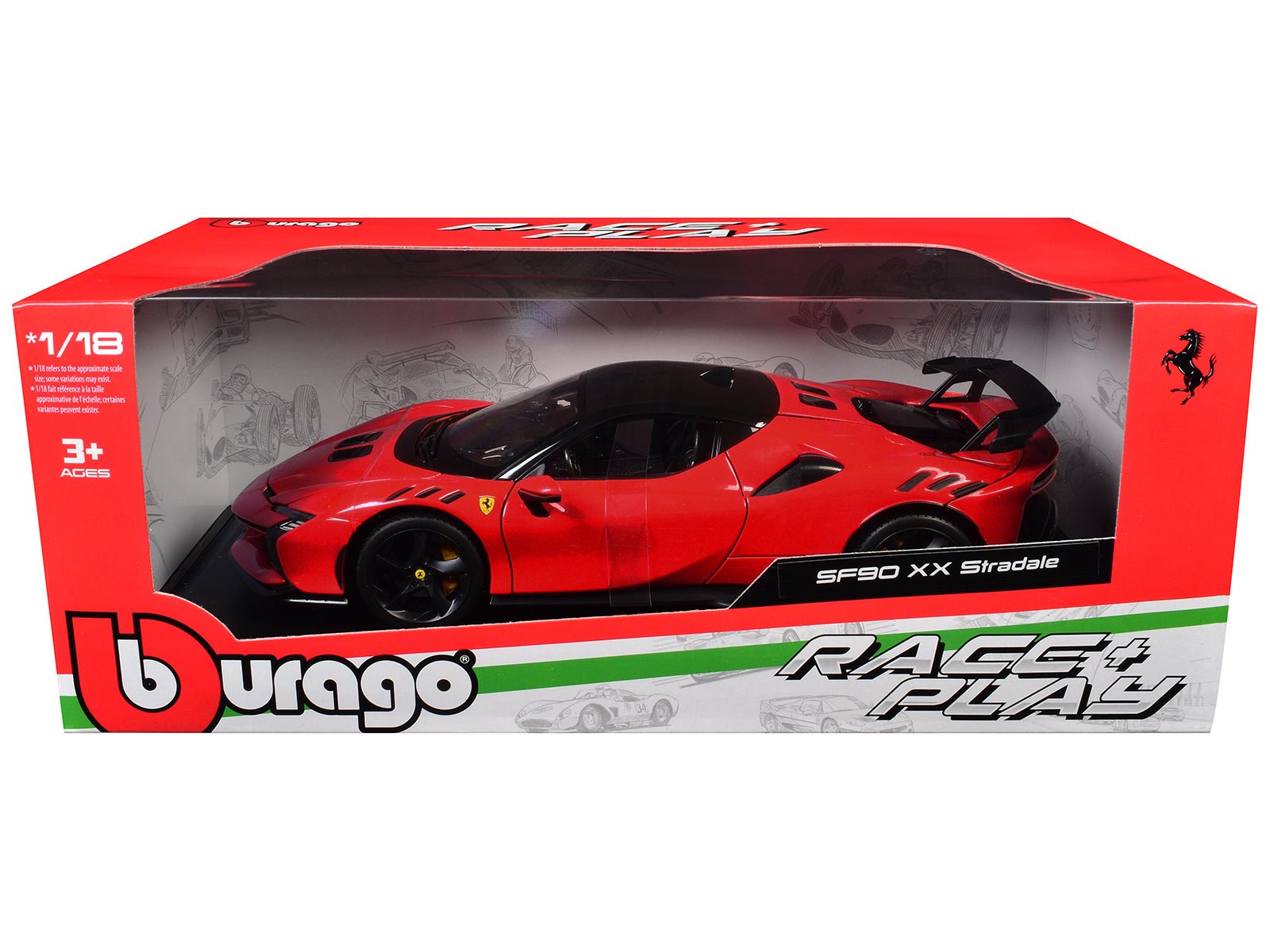 Ferrari SF90 XX Stradale Red with Black Top "Race + Play" Series 1/18 Diecast Model Car by Bburago free shipping USA - Rapid Vehicles