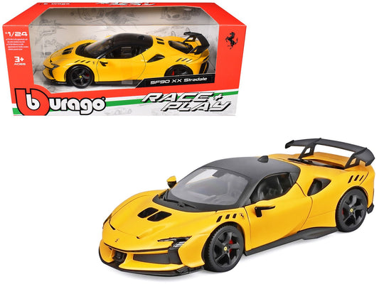 Ferrari SF90 XX Stradale Yellow with Black Top "Race and Play" Series 1/24 Diecast Model Car by Bburago free shipping USA - Rapid Vehicles