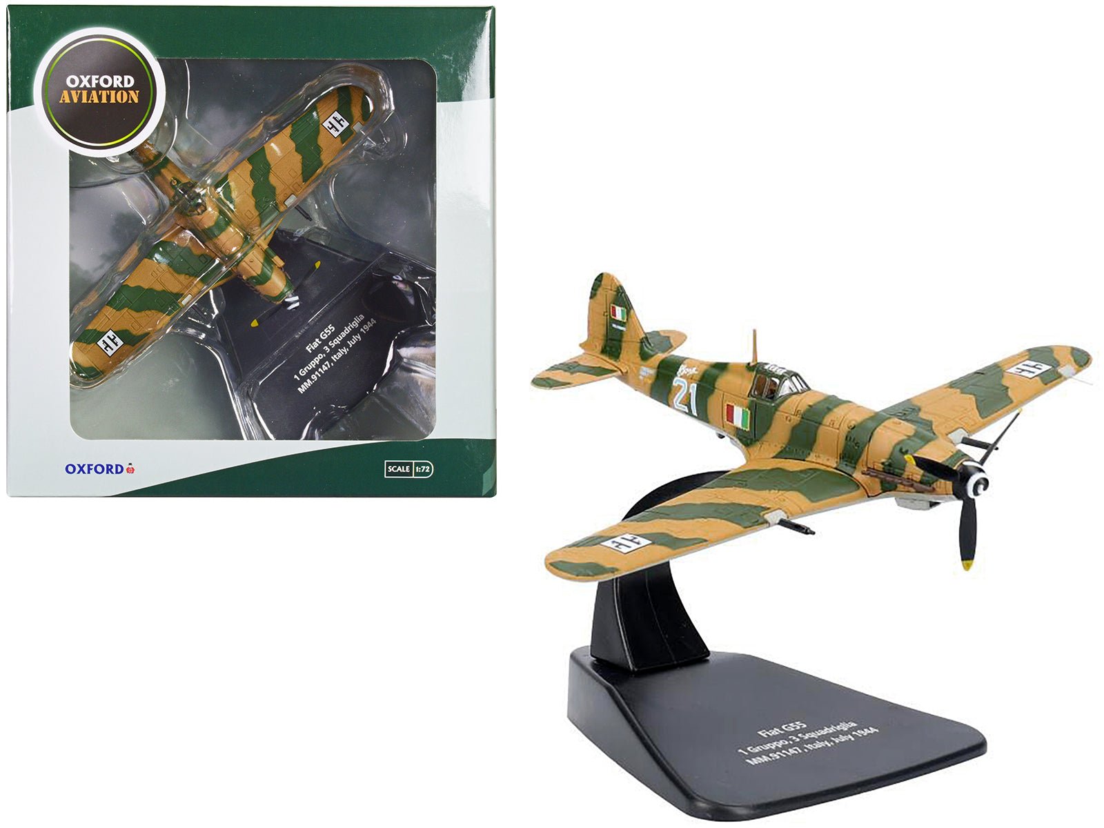Fiat G55 Centauro Fighter Aircraft "1 Gruppo 3 Squadriglia MM.91147 Italy" (1944) Italian Air Force "Oxford Aviation" Series 1/72 Diecast Model Airplane by Oxford Diecast free shipping USA - Rapid Vehicles