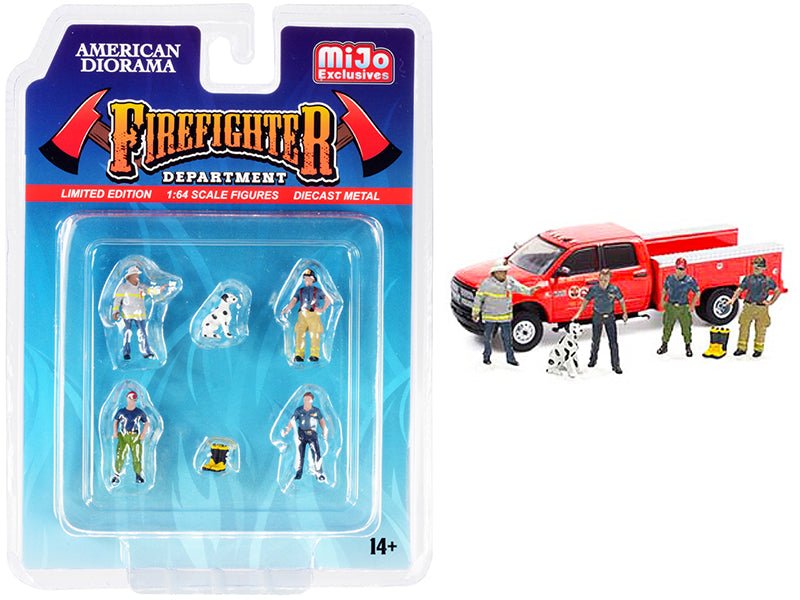 "Firefighter II" 6 piece Diecast Set (4 Figurines 1 Dog and 1 Accessory) for 1/64 Scale Models by American Diorama free shipping USA - Rapid Vehicles