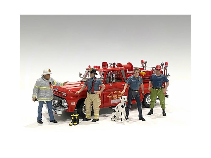 "Firefighters" 6 piece Figure Set (4 Males 1 Dog 1 Accessory) for 1/18 Scale Models by American Diorama free shipping USA - Rapid Vehicles