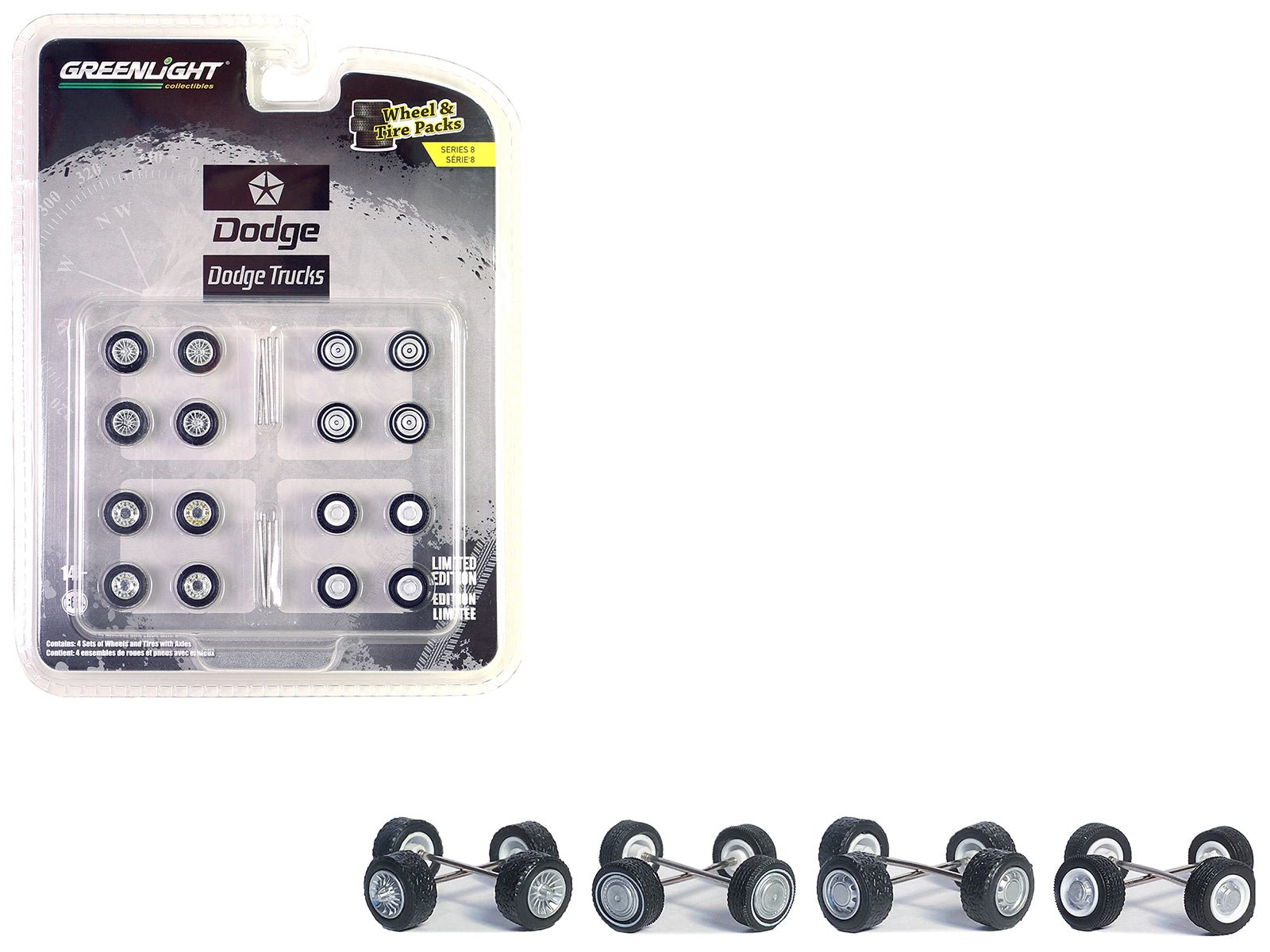 "First Generation (1981 - 93) Dodge Trucks" Wheels and Tires Multipack Set of 24 pieces "Wheel & Tire Packs" Series 8 1/64 by Greenlight - Rapid Vehicles