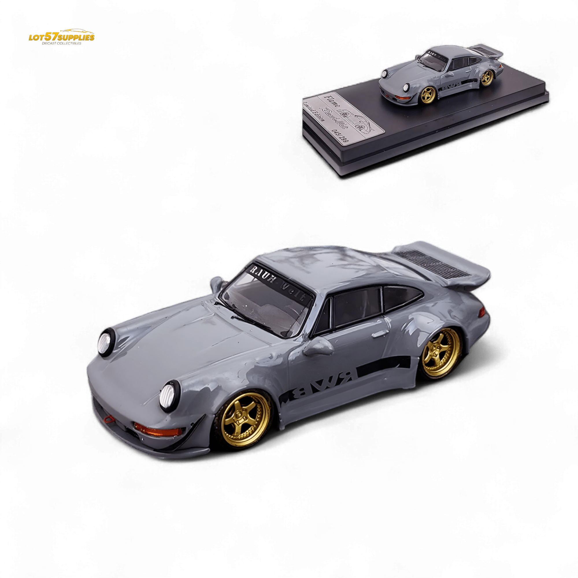 Flame Porsche 964 RWB Whale Tale Cement Gray 1:64 - Rapid Vehicles