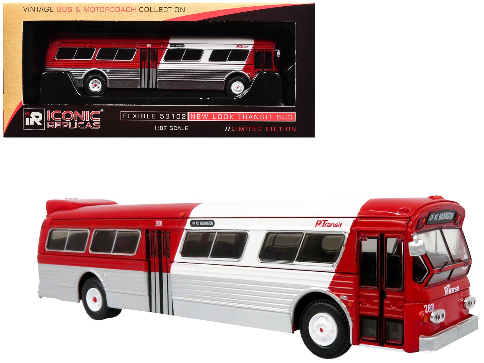 Flxible 53102 New Look Transit Bus "Pittsburgh Area Transit" Red and White "Vintage Bus & Motorcoach Collection" Limited Edition 1/87 (HO) Diecast Model by Iconic Replicas free shipping USA - Rapid Vehicles