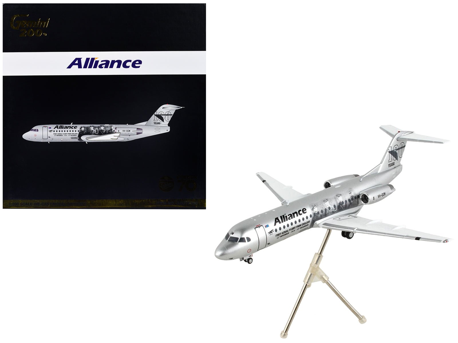 Fokker F70 Commercial Aircraft "Alliance Airlines - 100 Years First Flight from England" Silver Metallic "Gemini 200" Series 1/200 Diecast Model Airplane by GeminiJets free shipping USA - Rapid Vehicles