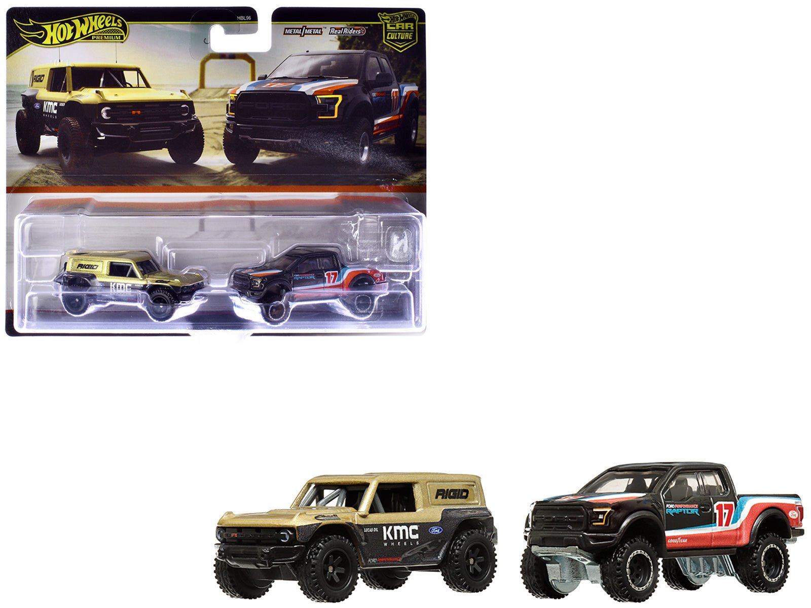 Ford Bronco R Gold Metallic and Black and 2017 Ford F - 150 Raptor Pickup Truck 17 Black with Stripes "Car Culture" Set of 2 Cars Diecast Model Cars by Hot Wheels free shipping USA - Rapid Vehicles