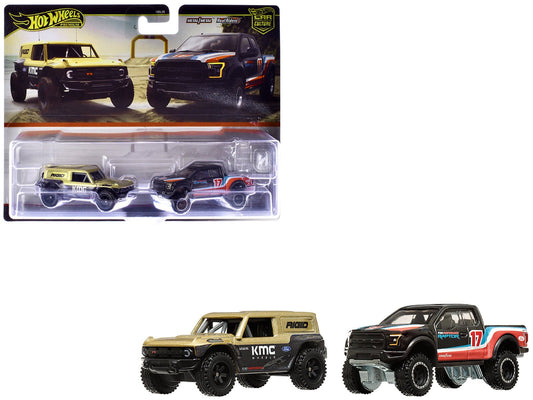 Ford Bronco R Gold Metallic and Black and 2017 Ford F - 150 Raptor Pickup Truck 17 Black with Stripes "Car Culture" Set of 2 Cars Diecast Model Cars by Hot Wheels free shipping USA - Rapid Vehicles