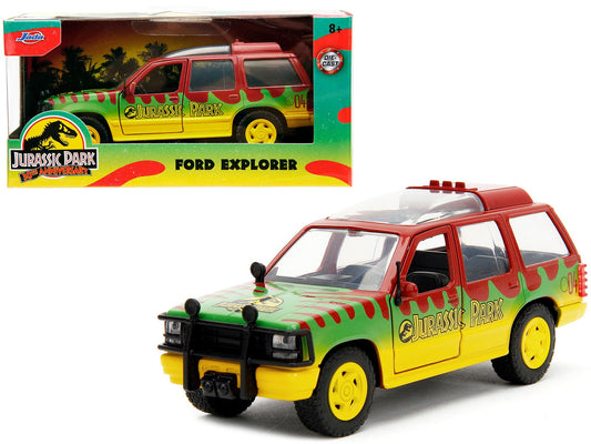Ford Explorer Red and Yellow with Green Graphics "Jurassic Park" (1993) Movie 30th Anniversary "Hollywood Rides" Series 1/32 Diecast Model Car by Jada free shipping USA - Rapid Vehicles