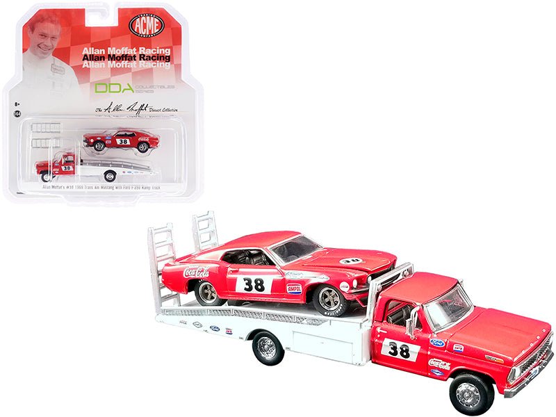 Ford F-350 Ramp Truck 38 Red and White with 1969 Ford Mustang Trans Am 38 Red "Coca-Cola" Allan Moffat Racing "DDA Collectibles" Series "ACME Exclusive" 1/64 Diecast Model Cars by Greenlight for ACME free shipping USA - Rapid Vehicles