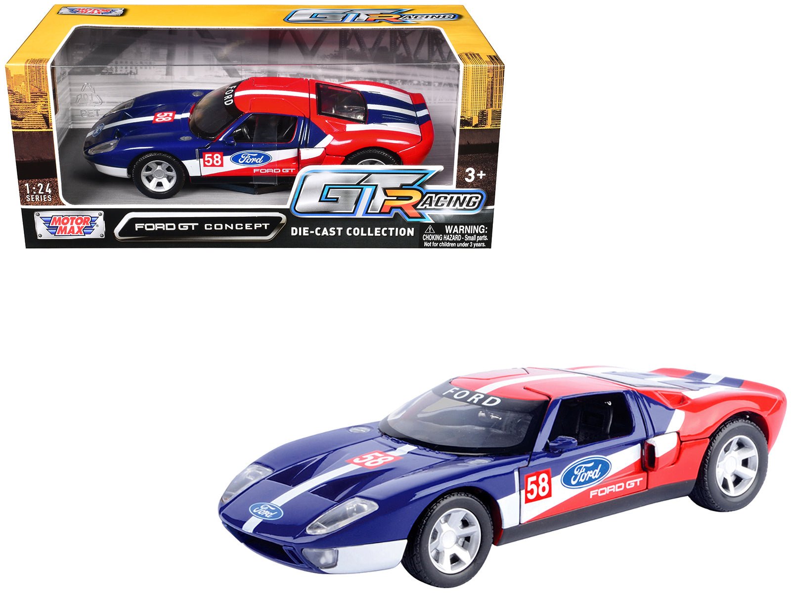 Ford GT Concept 58 Blue and Red with White Stripes "GT Racing" Series 1/24 Diecast Model Car by Motormax free shipping USA - Rapid Vehicles