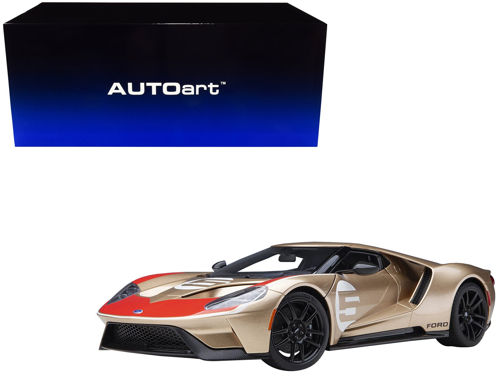 Ford GT Heritage Edition 5 "Holman Moody" Gold Metallic with Red and White Graphics 1/18 Model Car by Autoart free shipping USA - Rapid Vehicles