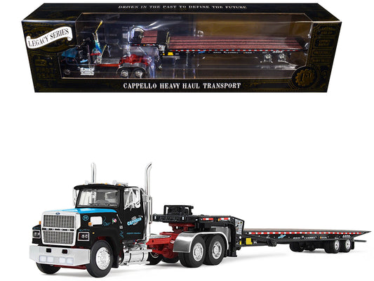 Ford LTL 9000 Day Cab and Landoll 440B - 50CA Traveling Axle Trailer "Cappello Heavy Transport" Black with Blue Hood "Legacy" Series 3 1/64 Diecast Model by DCP/First Gear free shipping USA - Rapid Vehicles