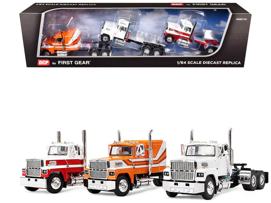 Ford LTL 9000 Trio Set (Two Day Cabs and One 60" Flat Top Sleeper) 1/64 Diecast Model by DCP/First Gear free shipping USA - Rapid Vehicles