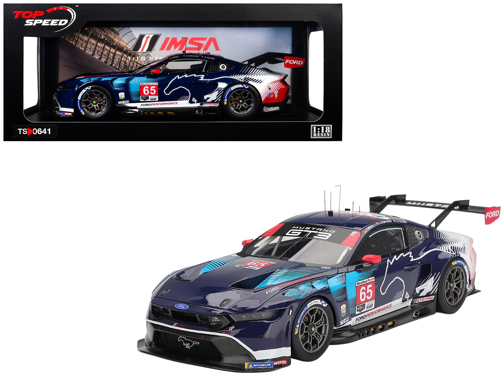 Ford Mustang GT3 65 Christopher Mies - Dennis Olsen - Frederic Vervisch "Ford Multimatic Motorsports" GTD Pro Class Winner IMSA "24 Hours of Daytona" (2025) 1/18 Model Car by Top Speed free shipping USA - Rapid Vehicles