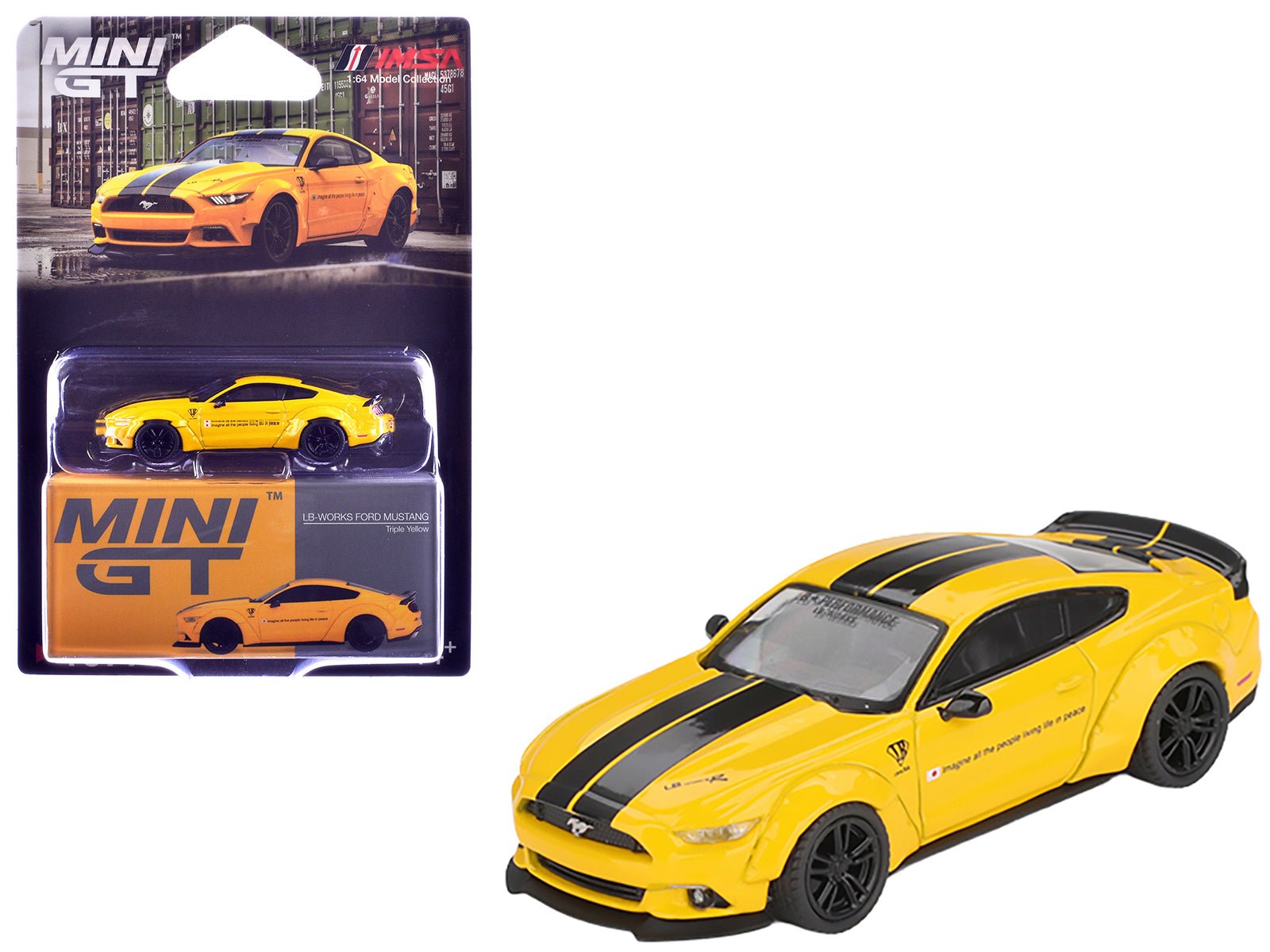 Ford Mustang "LB - Works" Triple Yellow with Black Stripes Limited Edition 1/64 Diecast Model Car by Mini GT free shipping USA - Rapid Vehicles