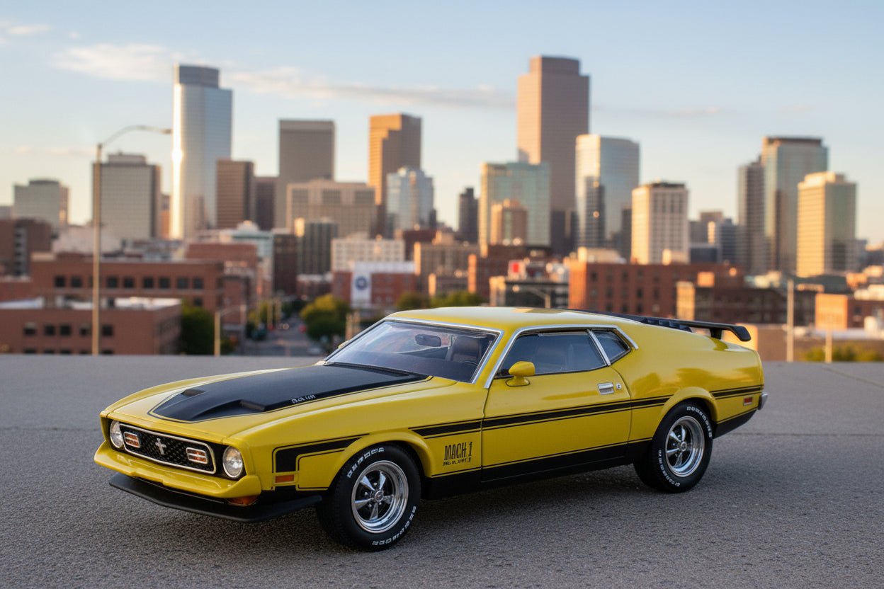 Ford Mustang Mach 1 Grabber Yellow with Black Hood and Stripes Limited Edition 1/64 Diecast Model Car by Mini GT free shipping USA - Rapid Vehicles