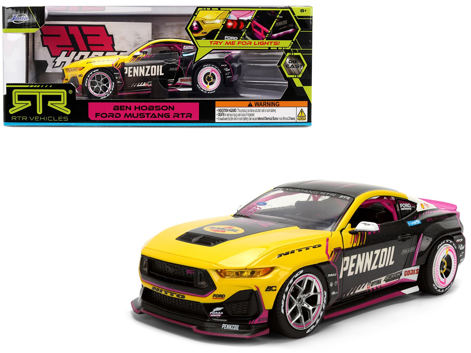 Ford Mustang RTR 213 Ben Hobson "Pennzoil" "Formula Drift PRO Championship" (2025) with Lights "RTR Vehicles" Series 1/24 Diecast Model Car by Jada free shipping USA - Rapid Vehicles