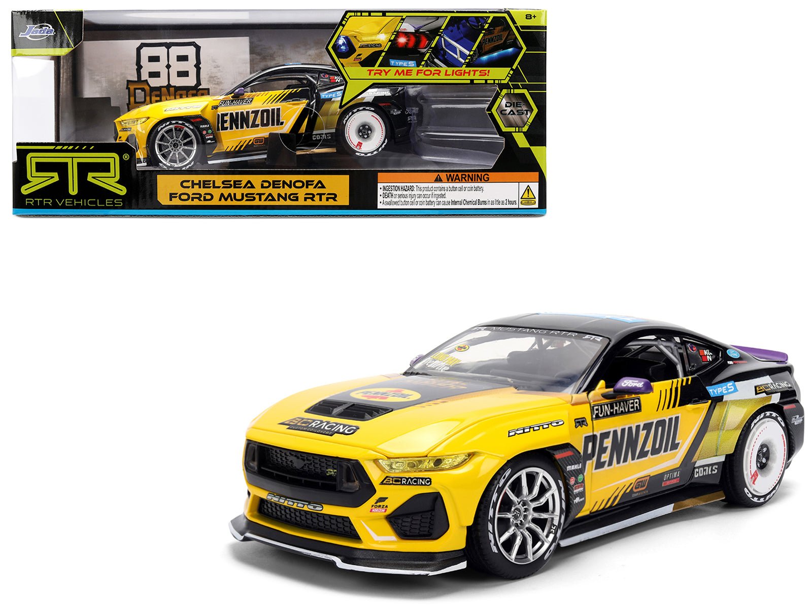 Ford Mustang RTR 88 Chelsea Denofa "Pennzoil" "Formula Drift PRO Championship" (2025) with Lights "RTR Vehicles" Series 1/24 Diecast Model Car by Jada free shipping USA - Rapid Vehicles