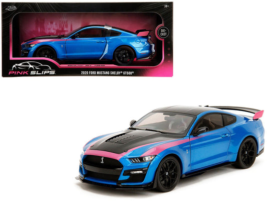 Ford Mustang Shelby GT500 Blue Metallic with Pink Stripes and Black Hood and Top "Pink Slips" Series 1/18 Diecast Model Car by Jada free shipping USA - Rapid Vehicles