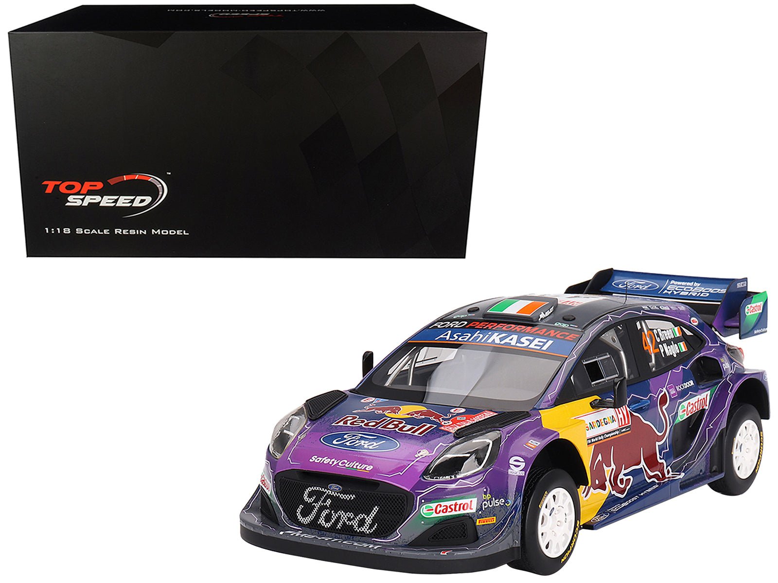 Ford Puma Rally1 42 Craig Breen - Paul Nagle "M - Sport Ford WRT" 2nd Place "Rally Italia Sardegna" (2022) 1/18 Model Car by Top Speed free shipping USA - Rapid Vehicles