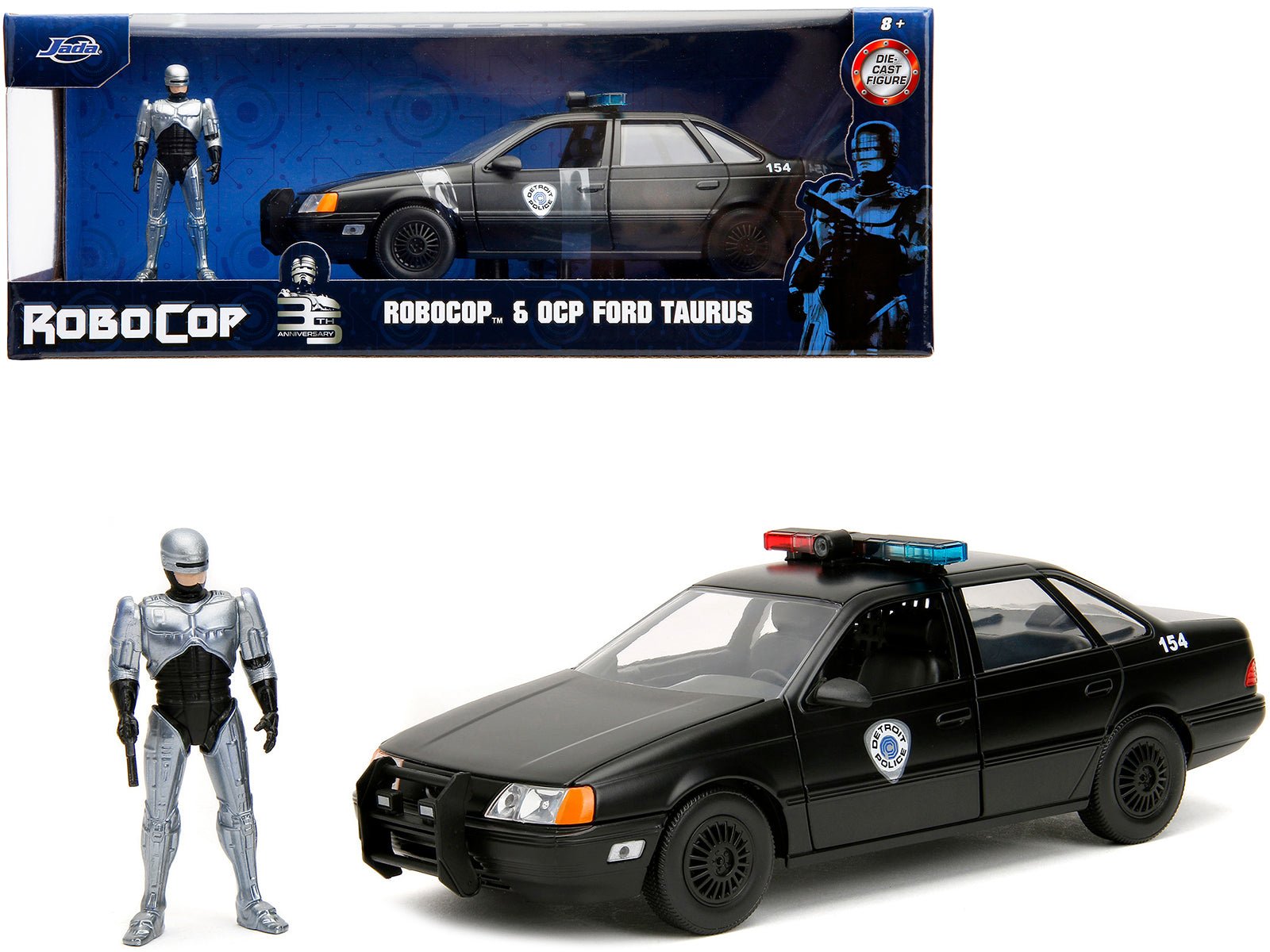 Ford Taurus OCP Matt Black "Detroit Police" and Robocop Diecast Figure 35th Anniversary "Robocop" (1987) Movie "Hollywood Rides" Series 1/24 Diecast Model Car by Jada free shipping USA - Rapid Vehicles