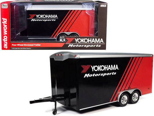 Four Wheel Enclosed Car Trailer "Yokohama Motorsports" Black and Red for 1/18 Scale Model Cars by Auto World free shipping USA - Rapid Vehicles