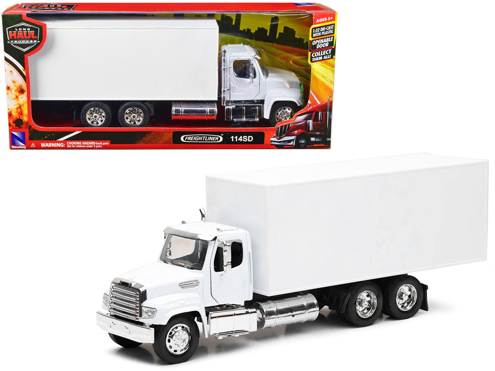 Freightliner 114SD Box Truck White "Long Haul Trucker" Series 1/32 Diecast Model by New Ray free shipping USA - Rapid Vehicles