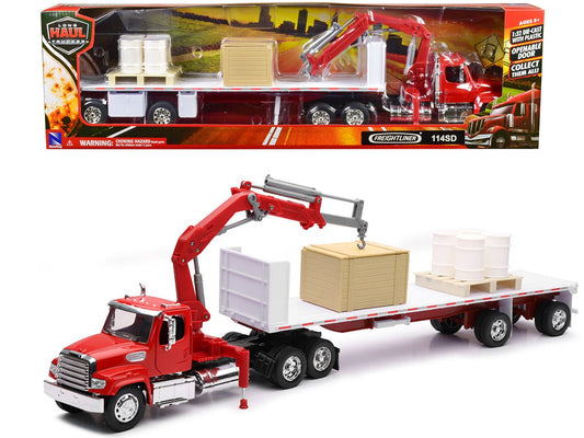 Freightliner 114SD Flatbed Truck with Crane Red with Accessories "Long Haul Trucker" Series 1/32 Diecast Model by New Ray free shipping USA - Rapid Vehicles