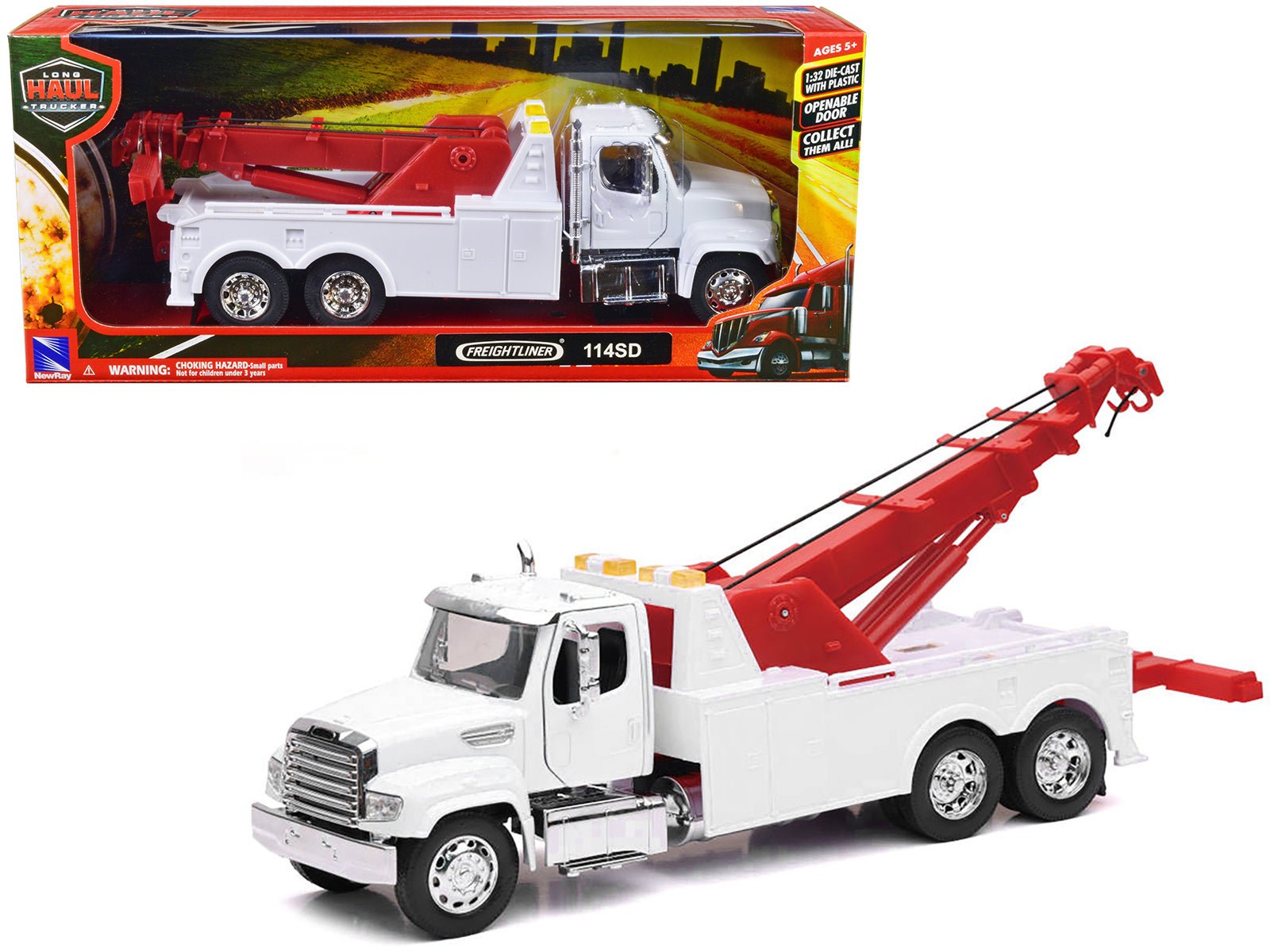 Freightliner 114SD Tow Truck White and Red "Long Haul Trucker" Series 1/32 Diecast Model by New Ray free shipping USA - Rapid Vehicles