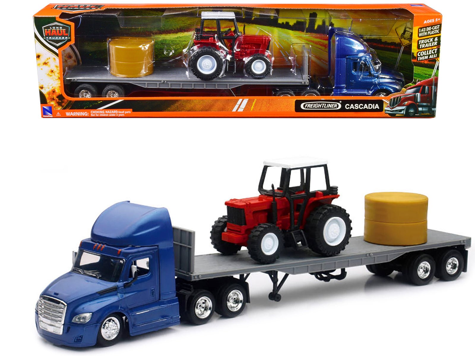 Freightliner Cascadia with Flatbed Trailer Blue with Farm Tractor Red and Hay Bales "Long Haul Trucker" Series 1/43 Diecast Model by New Ray free shipping USA - Rapid Vehicles