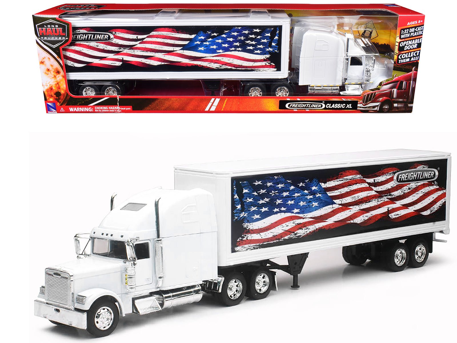 Freightliner Classic XL Truck White with Dry Van Trailer White with Patriotic Graphic "Long Haul Truckers" Series 1/32 Diecast Model by New Ray free shipping USA - Rapid Vehicles