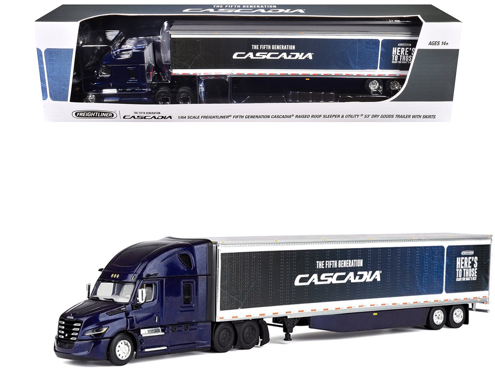 Freightliner Fifth Generation Cascadia Raised Roof Sleeper & 53' Utility Trailer with Skirts Midnight Blue 1/64 Diecast Model by DCP/First Gear free shipping USA - Rapid Vehicles