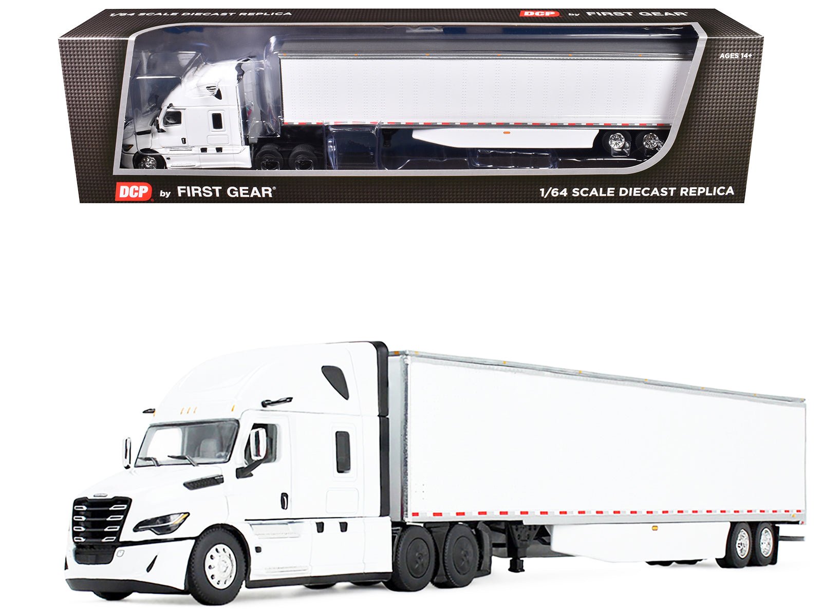 Freightliner Fifth Generation Cascadia Raised Roof Sleeper & 53' Utility Trailer with Skirts White 1/64 Diecast Model by DCP/First Gear free shipping USA - Rapid Vehicles
