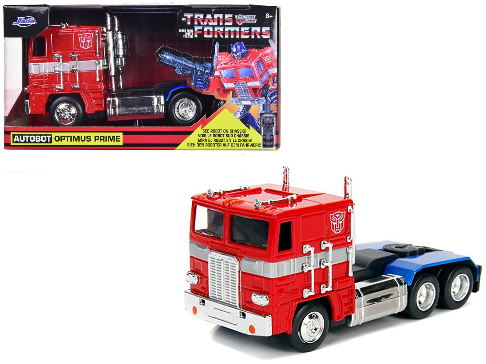 G1 Autobot Optimus Prime Truck Red with Robot on Chassis from "Transformers" TV Series "Hollywood Rides" Series 1/32 Diecast Model by Jada free shipping USA - Rapid Vehicles