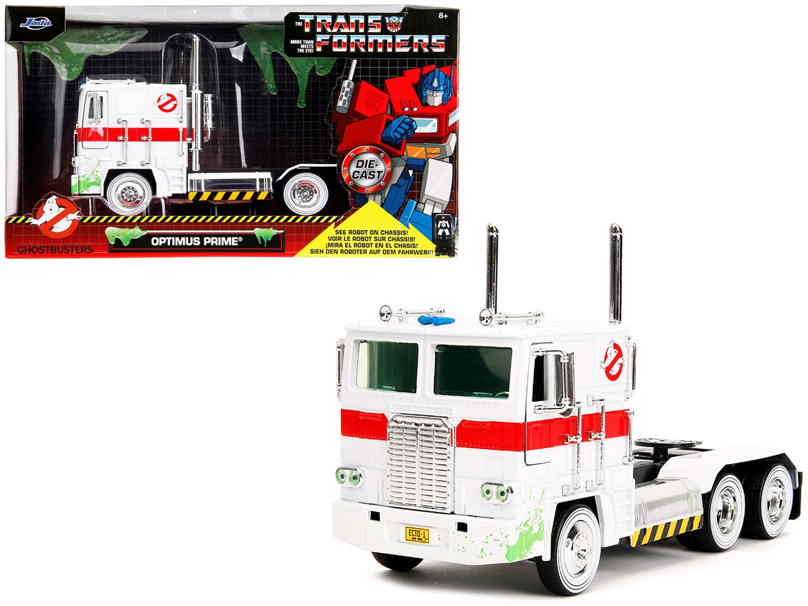 G1 Autobot Optimus Prime Truck White with Robot on Chassis from "Transformers" TV Series - "Ghostbusters" (1984) Movie Crossover "Hollywood Rides" Series 1/24 Diecast Model by Jada free shipping USA - Rapid Vehicles