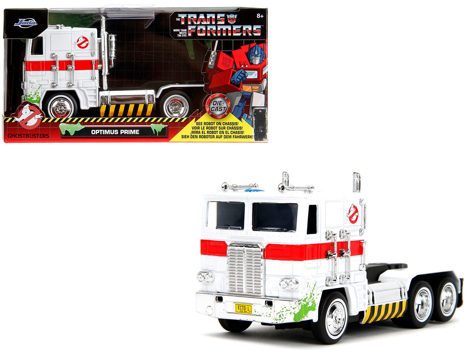 G1 Autobot Optimus Prime Truck White with Robot on Chassis from "Transformers" TV Series - "Ghostbusters" (1984) Movie Crossover "Hollywood Rides" Series Diecast Model by Jada free shipping USA - Rapid Vehicles