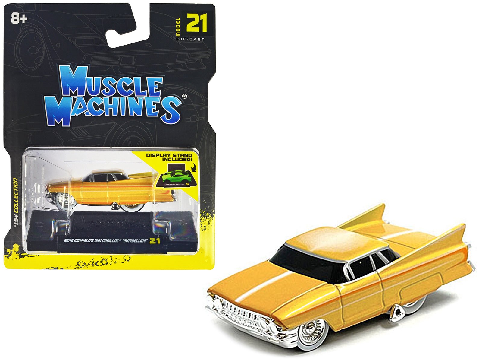 Gene Winfield’s 1961 Cadillac Maybelline Yellow Metallic with White Stripes 1/64 Diecast Model Car by Muscle Machines free shipping USA - Rapid Vehicles