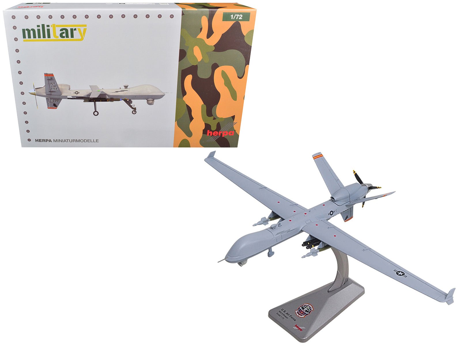 General Atomics MQ - 9A Reaper Block 5 UAV "New York Air National Guard 108th Attack Squadron Hancock Field Air National Guard Base" United States Air Force "Military" Series 1/72 Diecast Model by Herpa free shipping USA - Rapid Vehicles