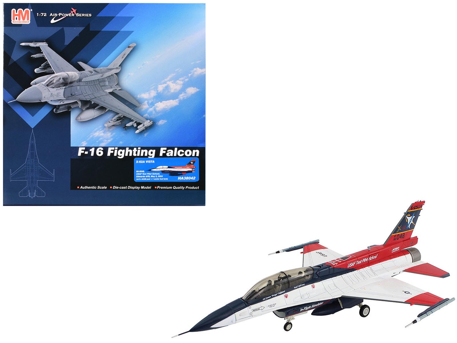 General Dynamics X - 62A VISTA Aircraft "86 - 0048 USAF Test Pilot School Edwards Air Force Base" (2024) United States Air Force "Air Power Series" 1/72 Diecast Model by Hobby Master free shipping USA - Rapid Vehicles