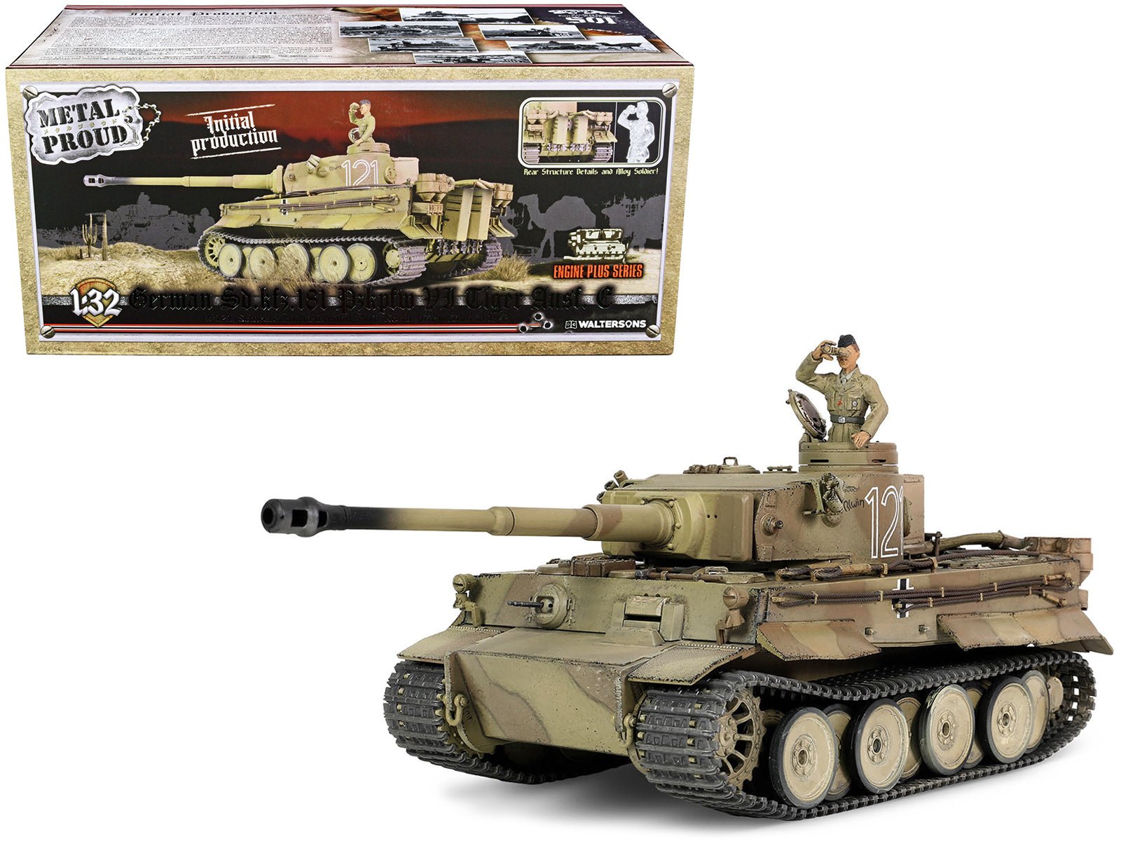 German Sd.Kfz.181 PzKpfw VI Tiger Ausf. E Heavy Tank 121 "Tiger Initial Production Model" "Schwere Panzerabteilung 501 North African Front Tunisia" (1943) "Engine Plus" 1/32 Diecast Model by Metal Proud free shipping USA - Rapid Vehicles