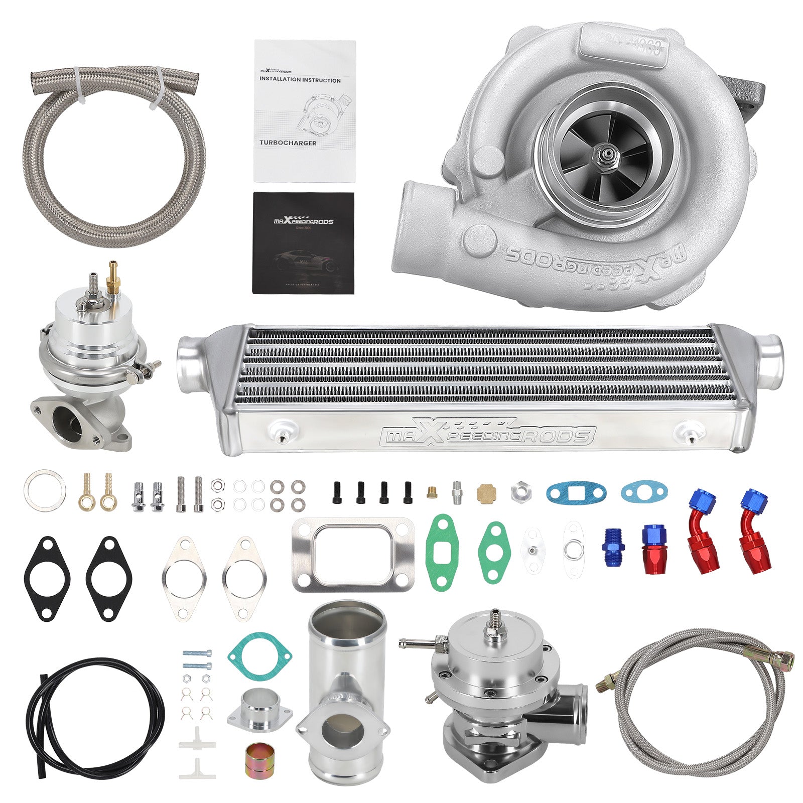 Turbo Pressure T3 T4 T04E Universal Turbo kit Stage III+Wastegate+Turbo Intercooler++Piping Oil Line 10PC Turbocharger Kit