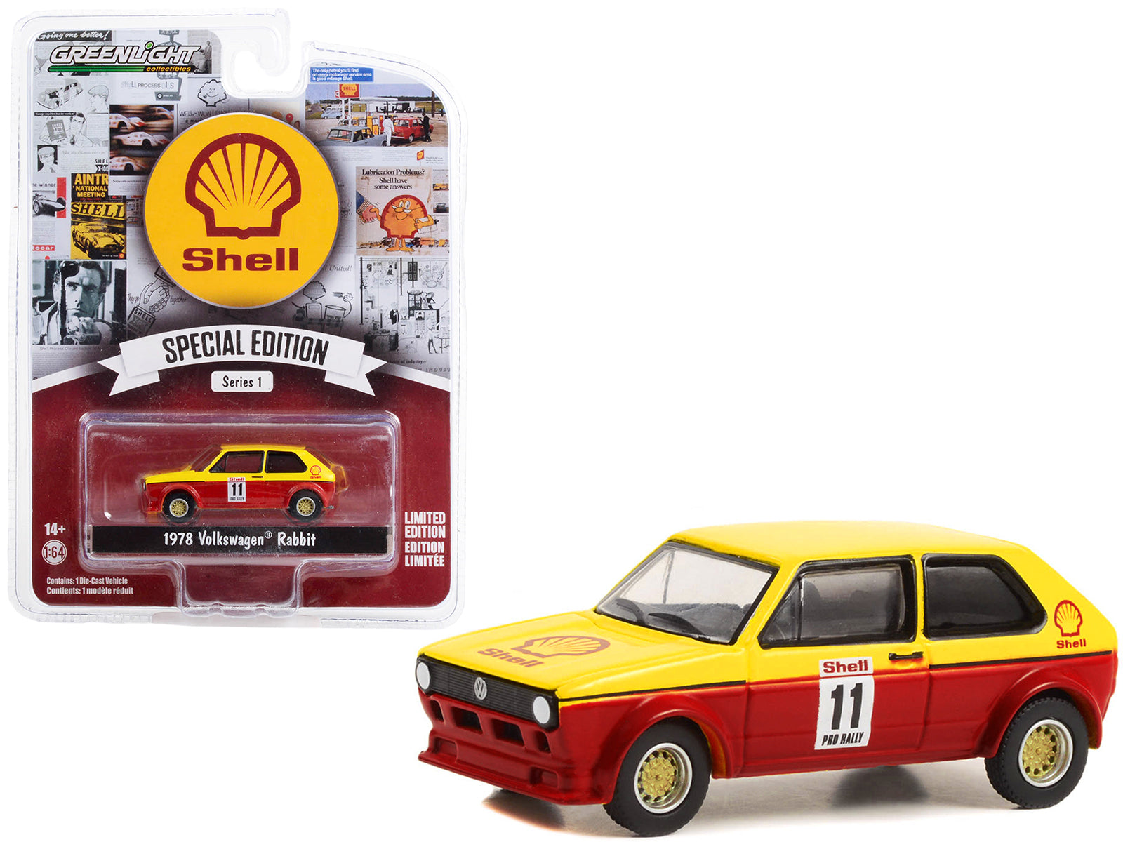 1978 Volkswagen Rabbit #11 Pro Rally Yellow and Red "Shell Oil" "Shell Oil Special Edition" Series 1 1/64 Diecast Model Car by Greenlight free shipping USA