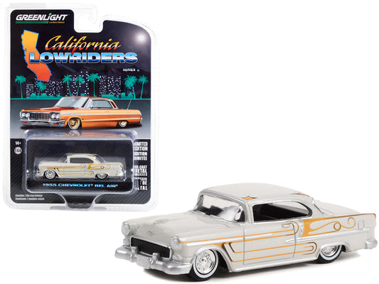 1955 Chevrolet Bel Air Custom Light Gray Metallic and Gold Graphics "California Lowriders" Series 2 1/64 Diecast Model Car by Greenlight free shipping USA