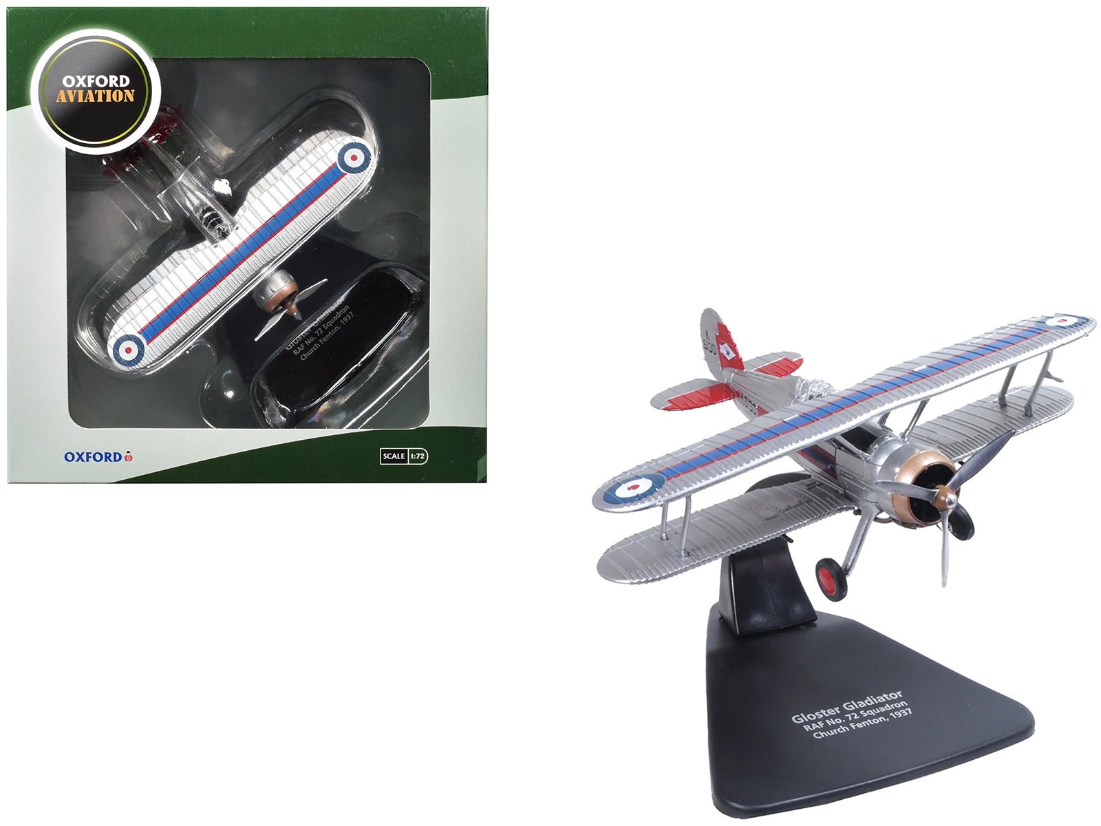 Gloster Gladiator Fighter Aircraft "No. 72 Squadron Church Fenton" (1937) British Royal Air Force "Oxford Aviation" Series 1/72 Diecast Model Airplane by Oxford Diecast free shipping USA - Rapid Vehicles