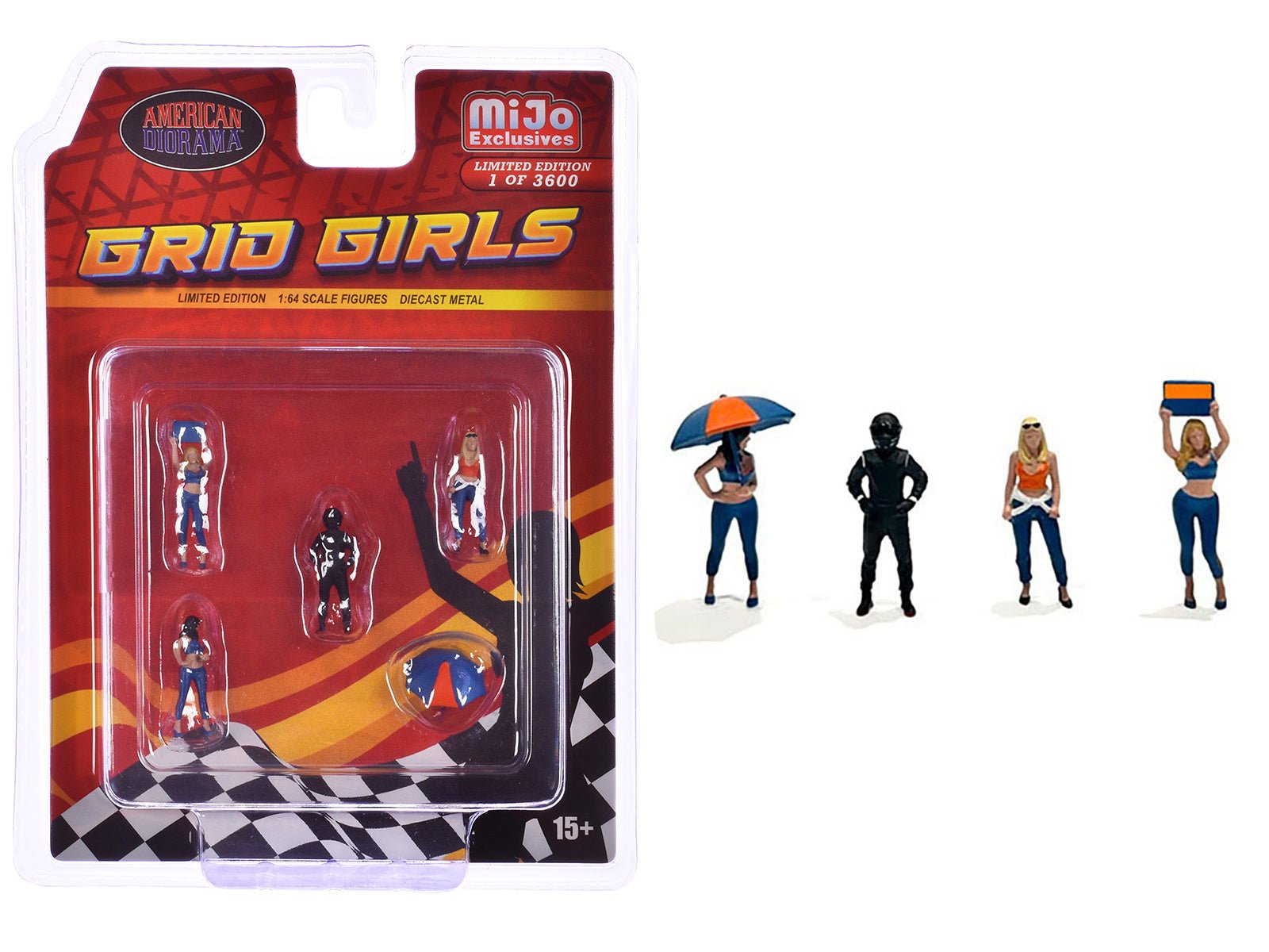 "Grid Girls" 5 piece Diecast Figure Set (4 People Figures 1 Umbrella) Limited Edition to 3600 pieces Worldwide for 1/64 Scale Models by American Diorama free shipping USA - Rapid Vehicles